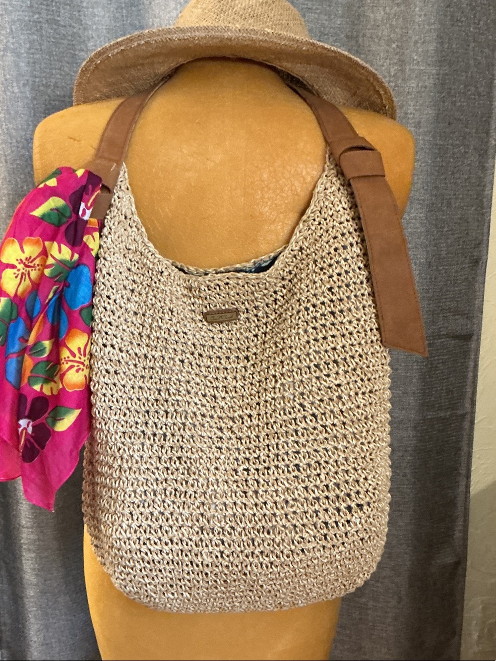 Neutral Woven Shoulder Bag with Brown Straps